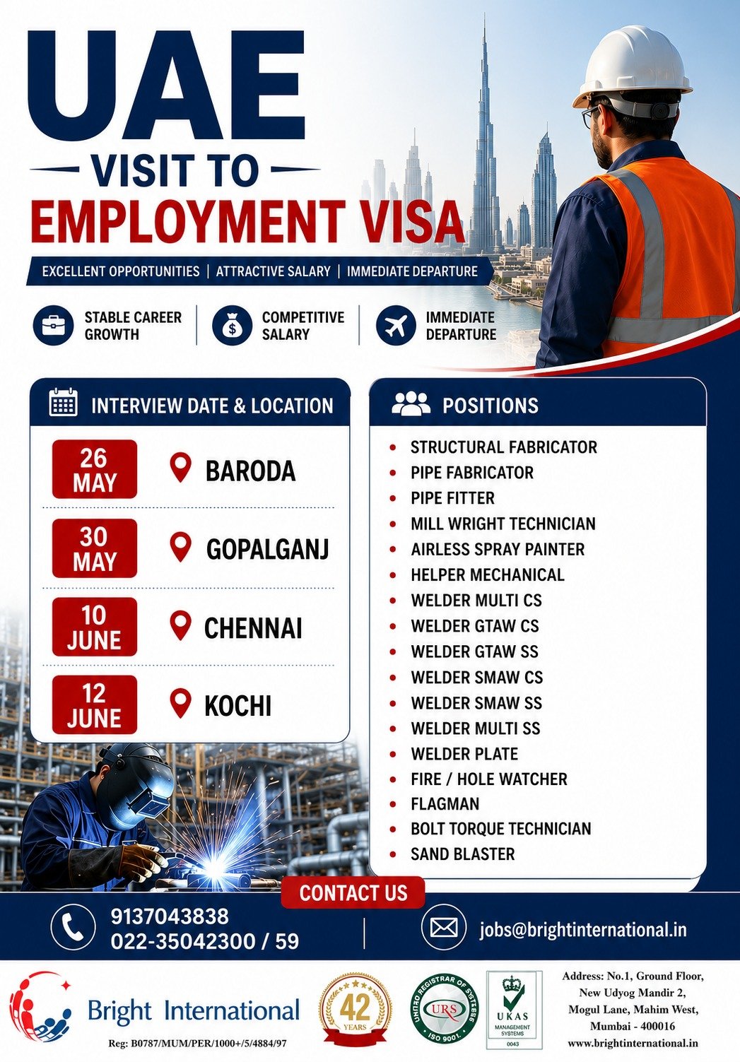 UAE Jobs 2026: Urgent recruitment for multiple industrial and construction positions