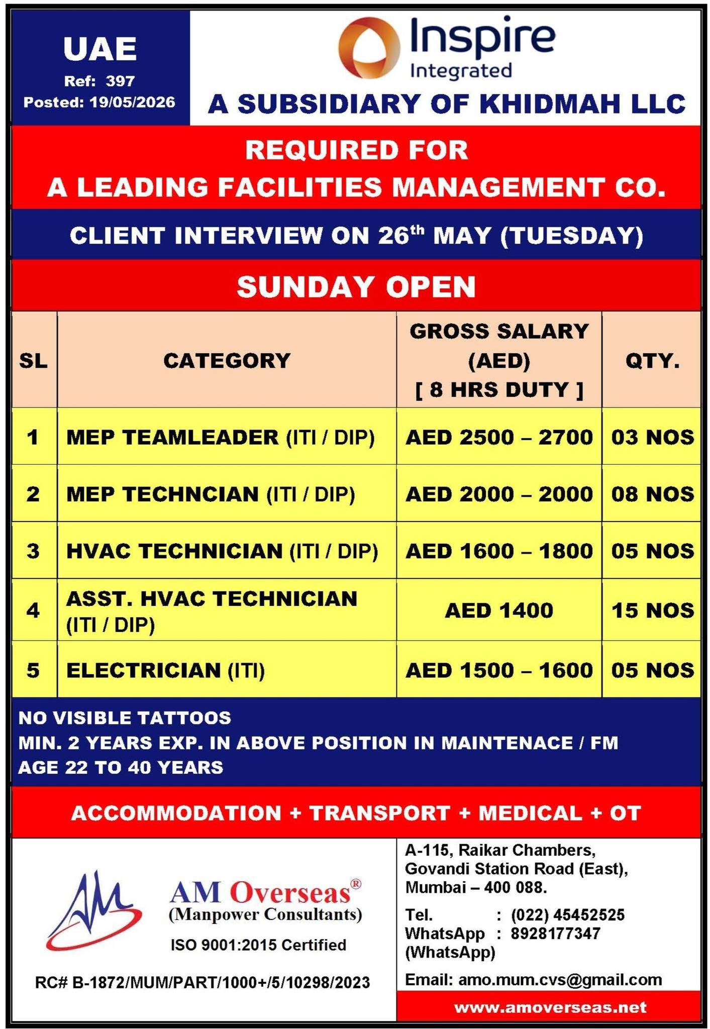 UAE Facilities Management Jobs 2026: Hiring For Inspire Integrated, a subsidiary of Khidmah LLC