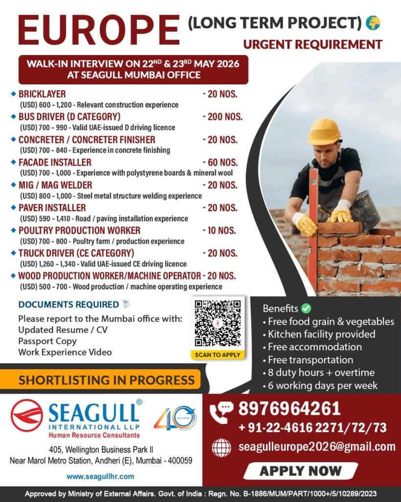 Europe Long-Term Job Vacancies 2026 | Walk-In Interview for Construction, Driving & Production Jobs