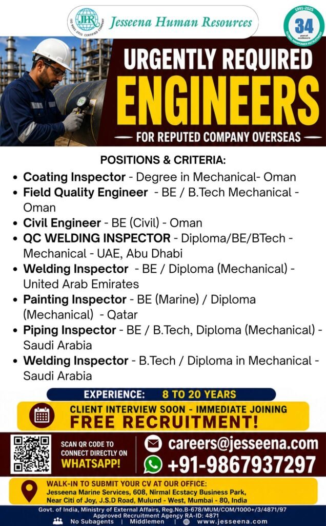Overseas Engineer Jobs 2026 | Urgent Openings in Oman, UAE, Qatar & Saudi Arabia