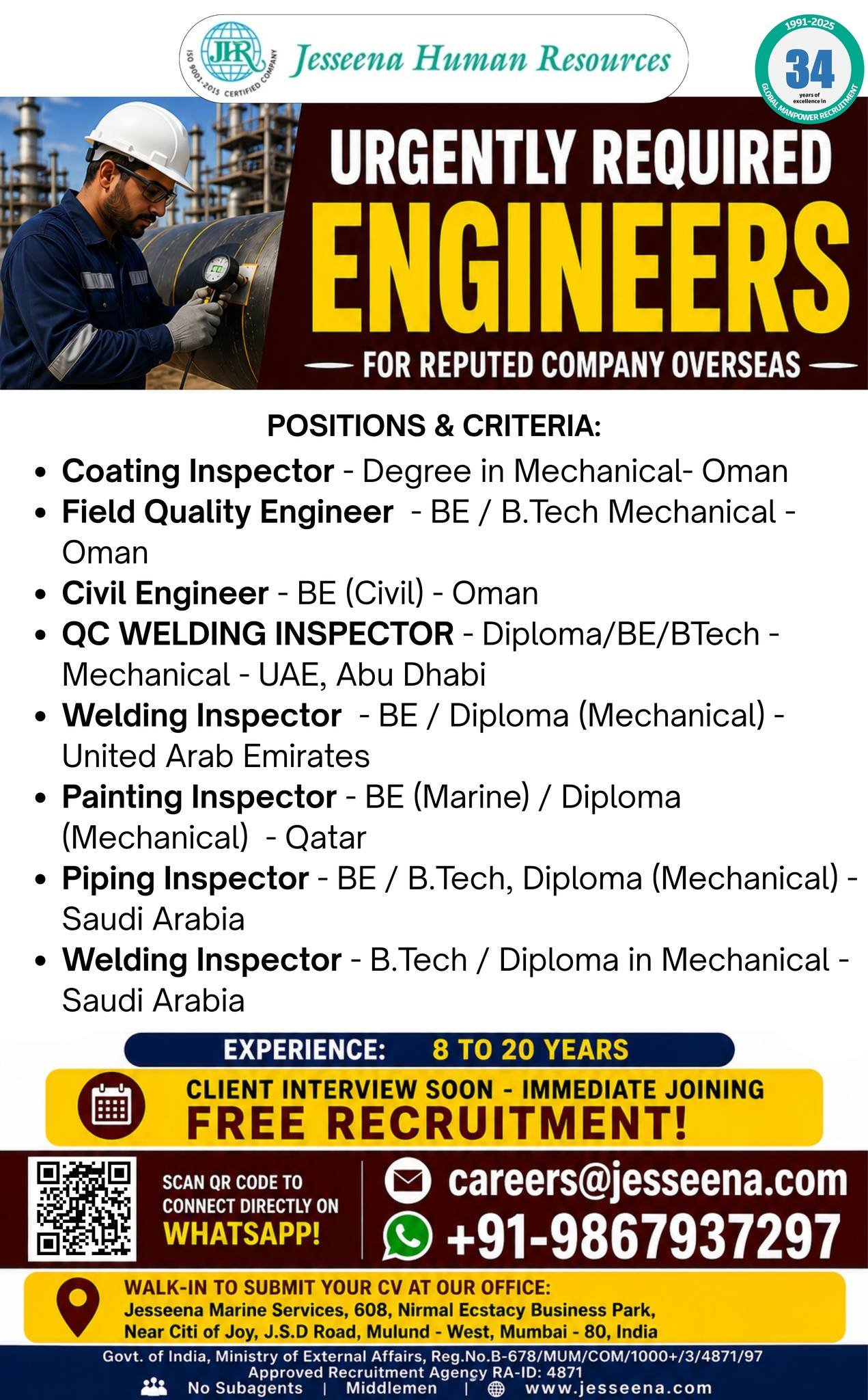 Overseas Engineer Jobs 2026 | Urgent Openings in Oman, UAE, Qatar & Saudi Arabia