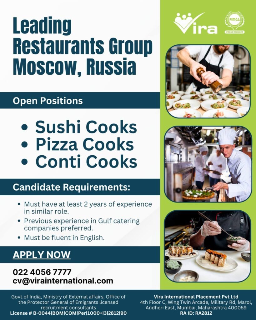 hiring for a Leading Restaurant Group in Moscow, Russia