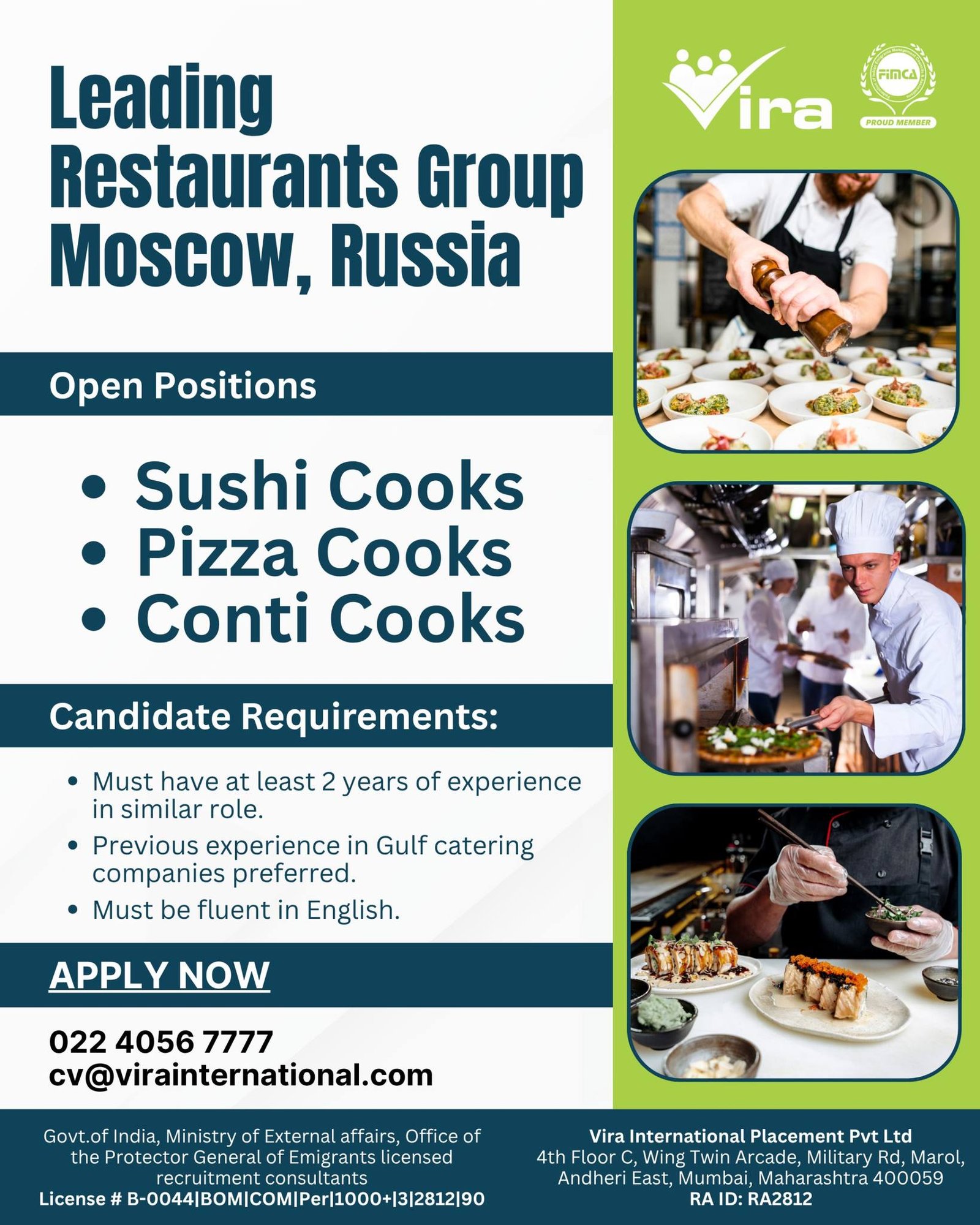 hiring for a Leading Restaurant Group in Moscow, Russia