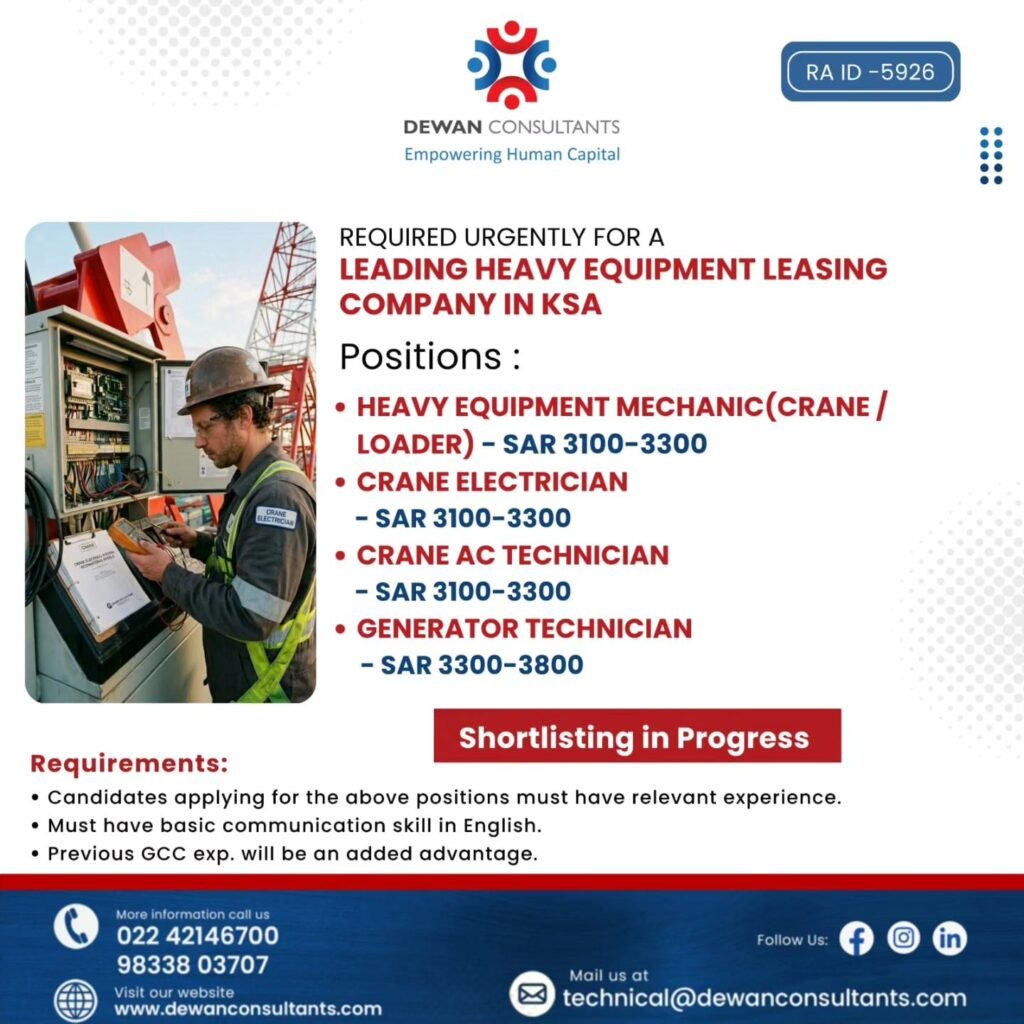 Saudi Arabia : Hiring Urgently For A Leading Heavy Equipment Leasing Company 