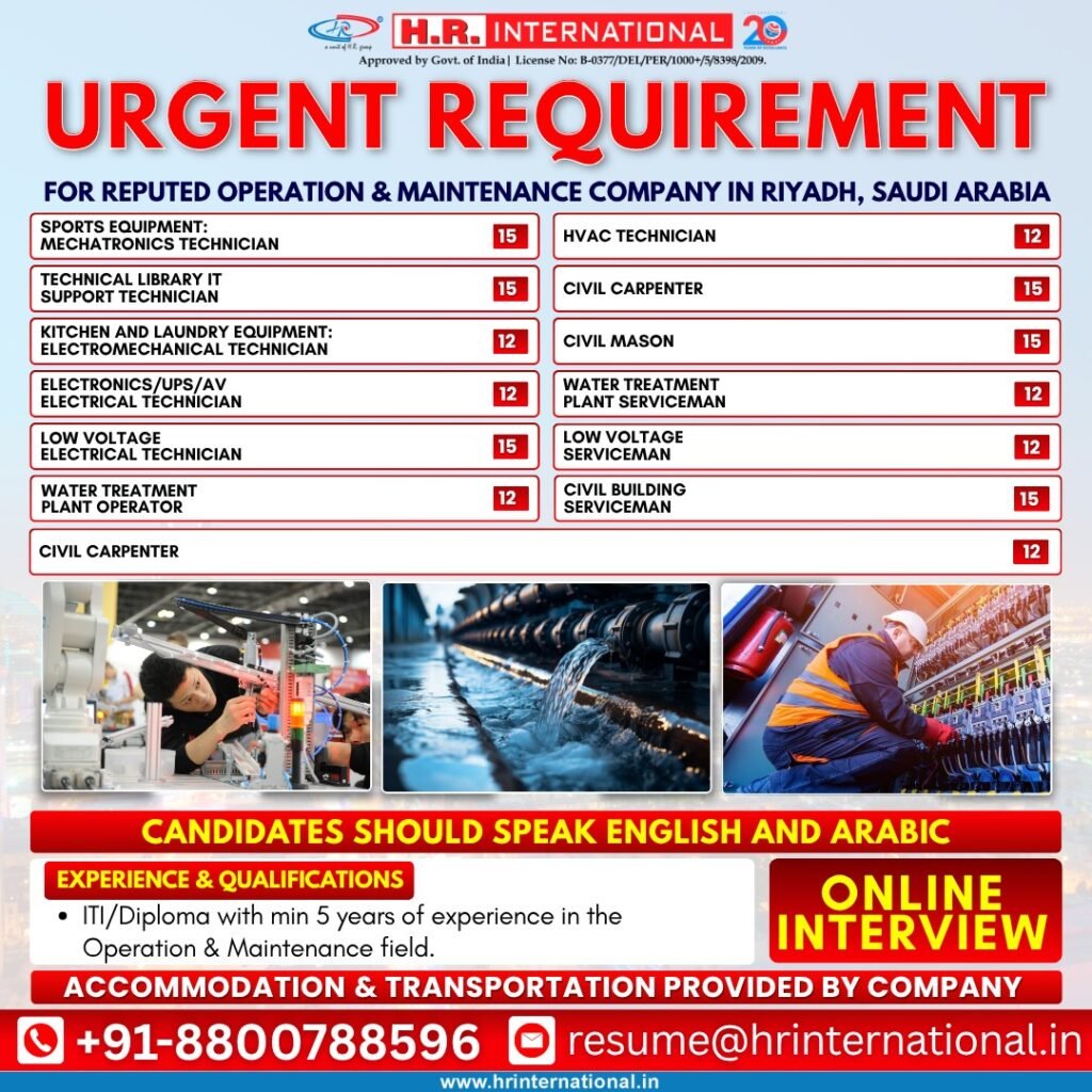 Saudi Arabia Jobs 2026 – Operation & Maintenance Company in Riyadh