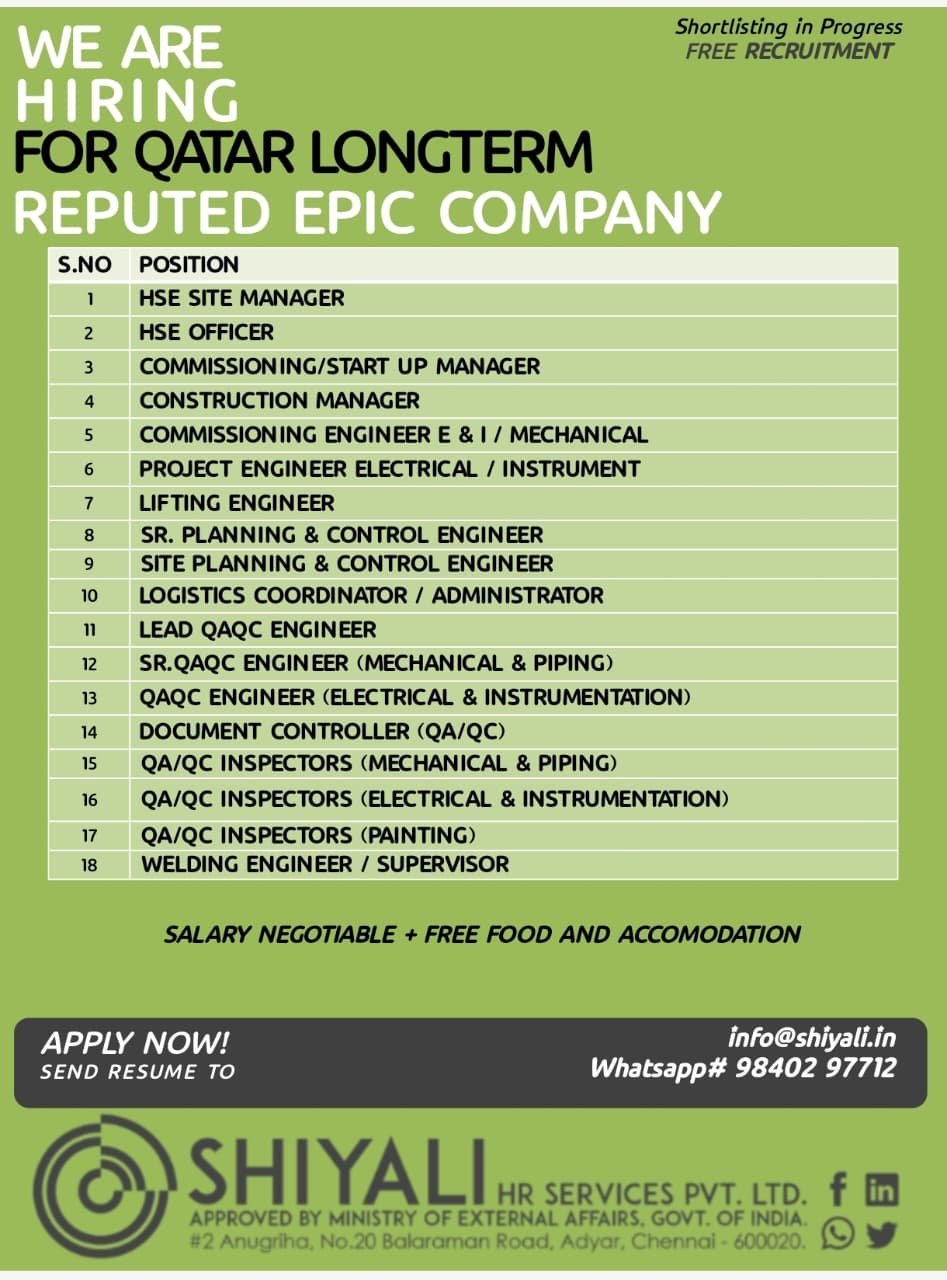 Qatar EPIC Company Jobs 2026 – Free Recruitment for Engineers, QA/QC and HSE Professionals