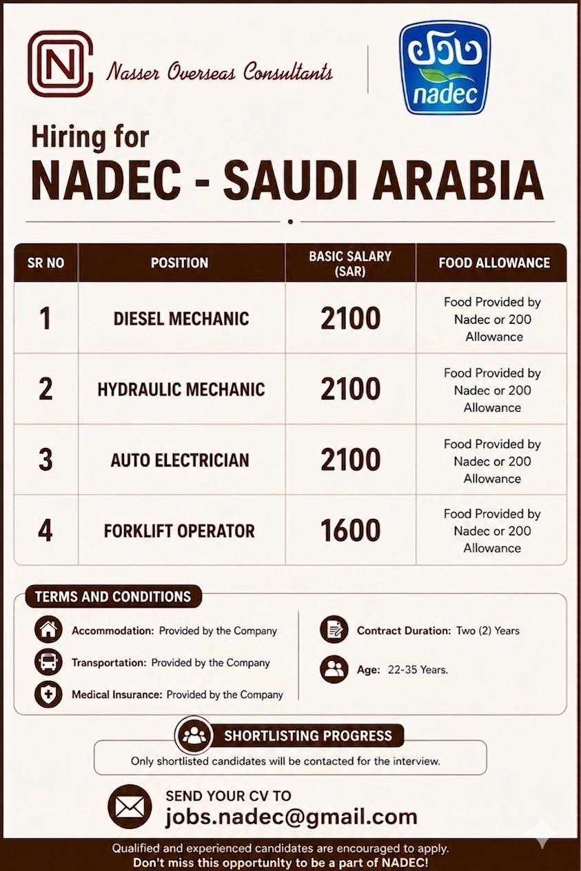NADEC Saudi Arabia Hiring 2025 – Diesel Mechanic, Hydraulic Mechanic, Auto Electrician & Forklift Operator Jobs