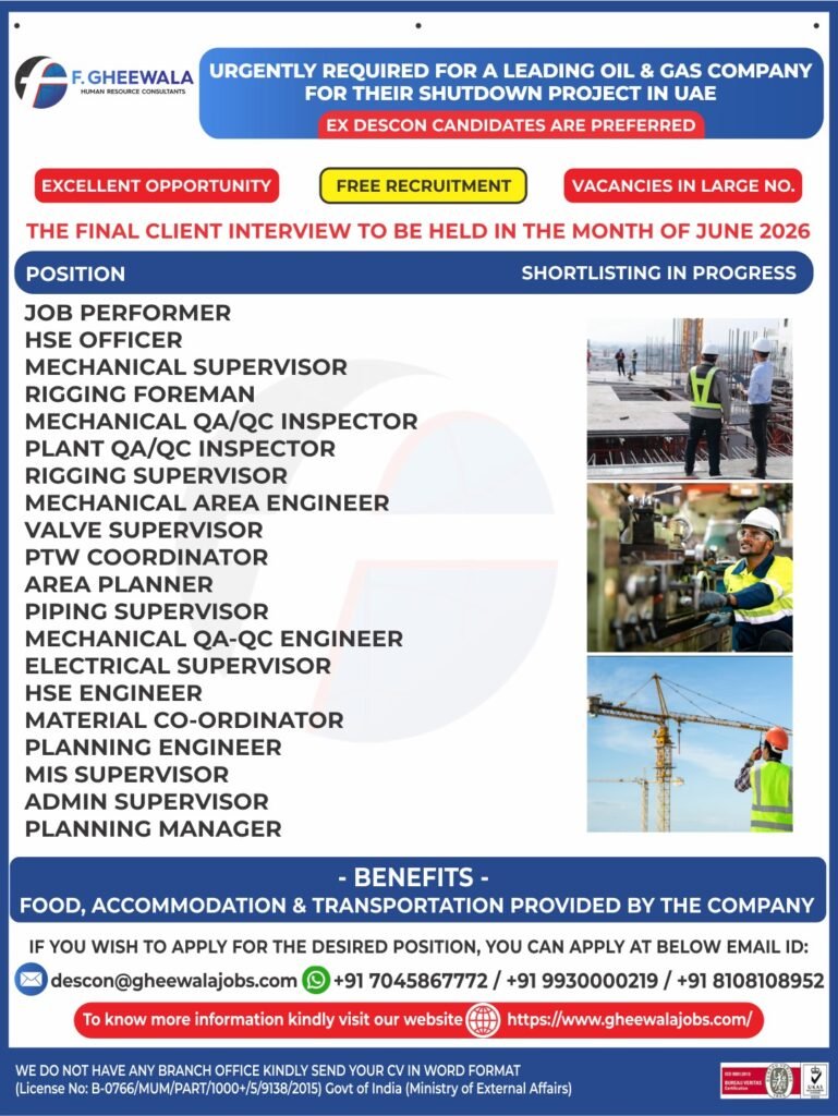 UAE Shutdown Project Jobs 2026 – Free Recruitment for Leading Oil & Gas Company in UAE