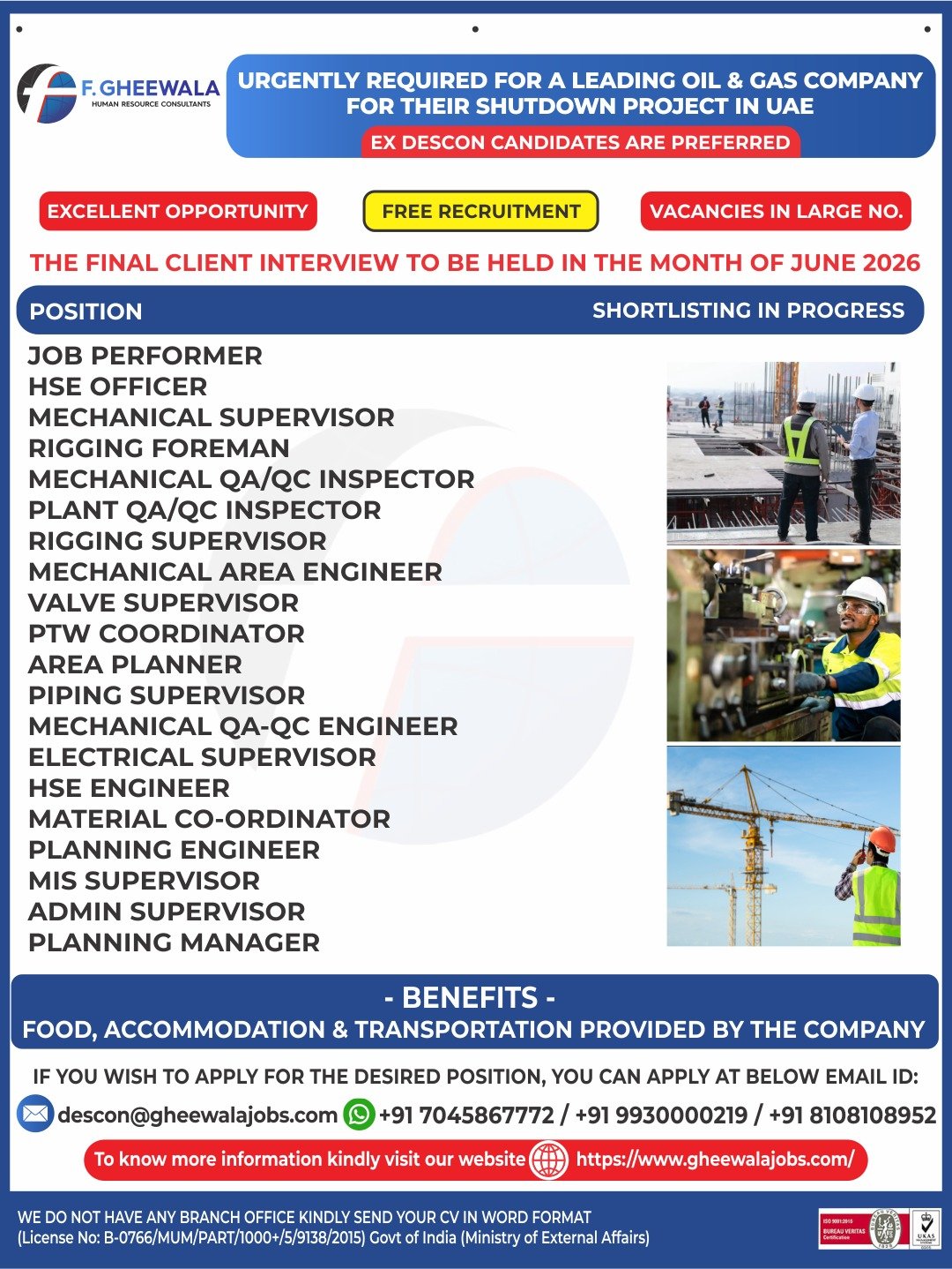 UAE Shutdown Project Jobs 2026 – Free Recruitment for Leading Oil & Gas Company in UAE
