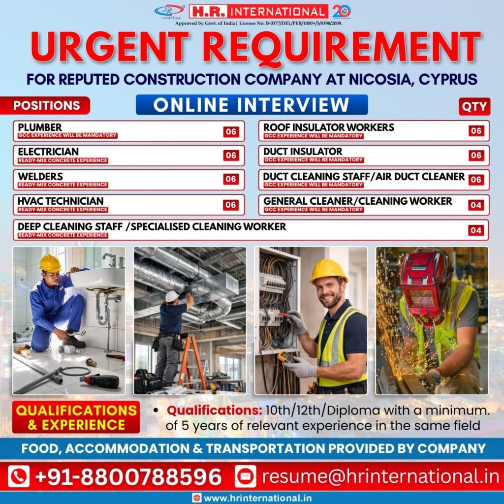Hiring For a reputed construction company in Nicosia, Cyprus