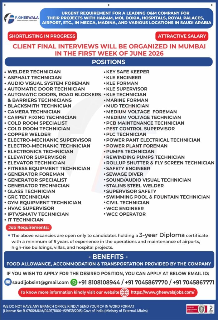 Saudi Arabia O&M Company Jobs 2026 – Urgent Recruitment for Multiple Positions