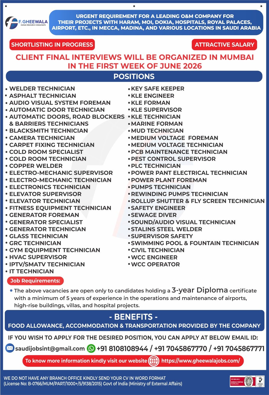 Saudi Arabia O&M Company Jobs 2026 – Urgent Recruitment for Multiple Positions