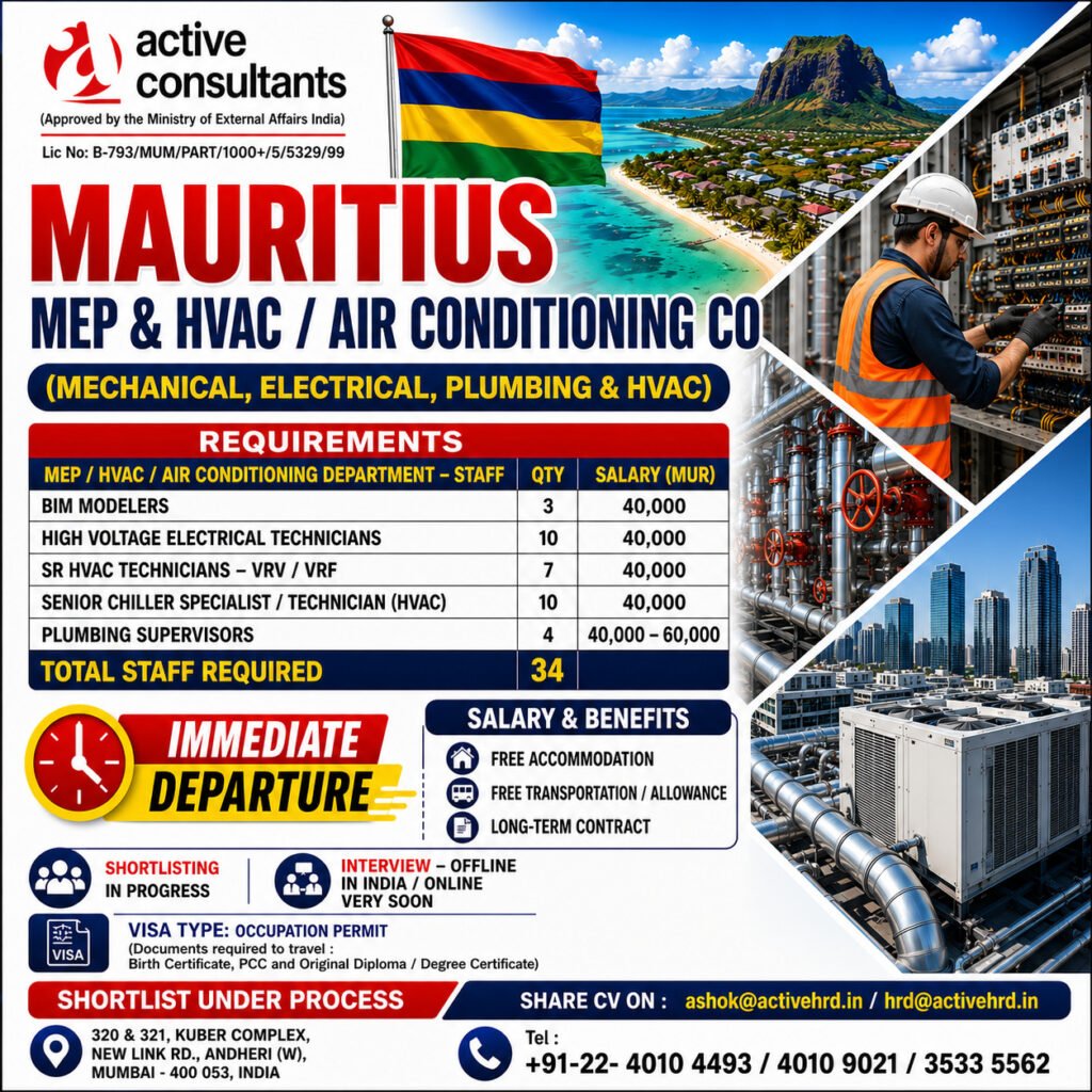 Urgent Hiring for Leading MEP Contracting Company in Mauritius