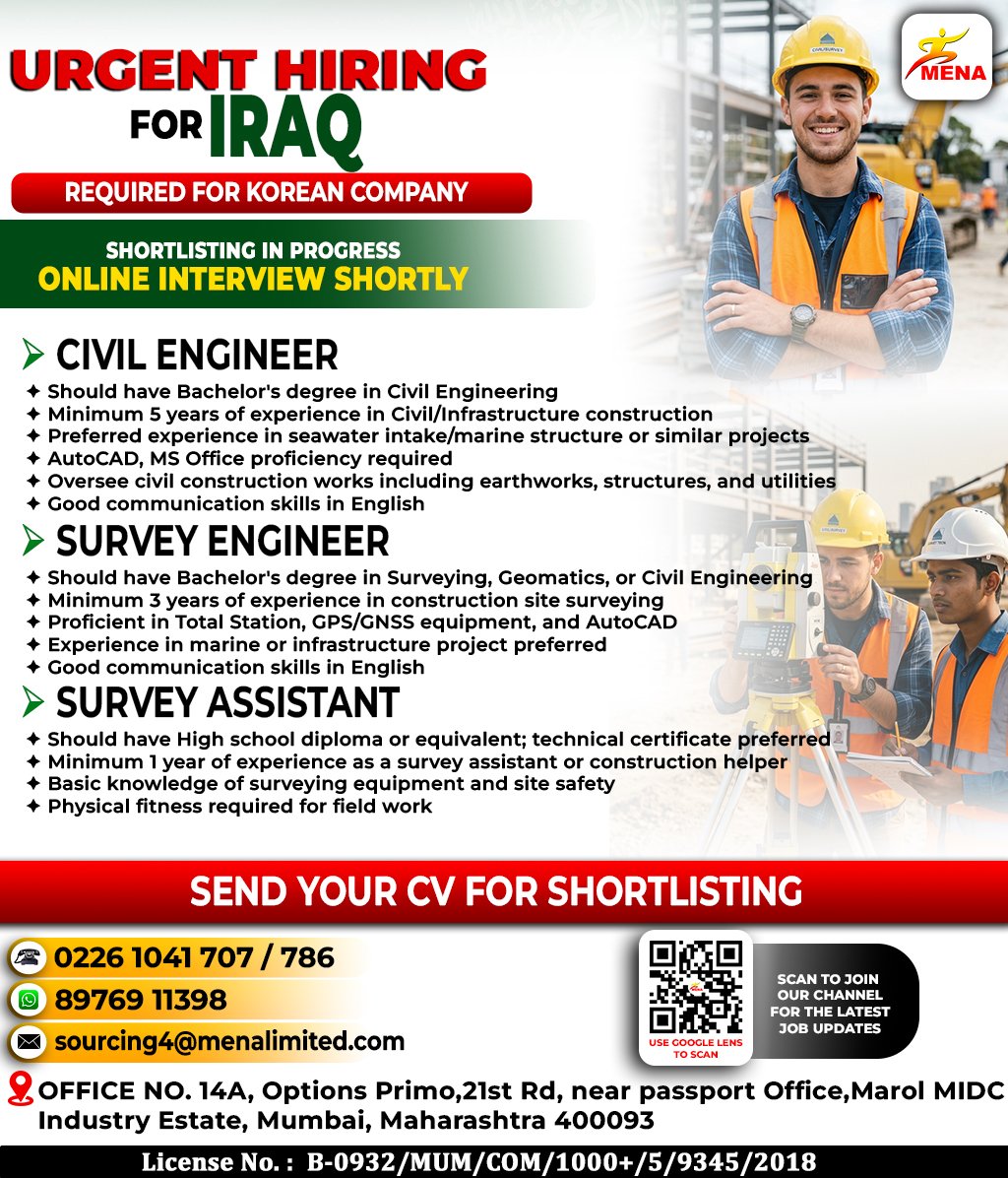 Jobs in Iraq : Hiring For a leading Korean Company 