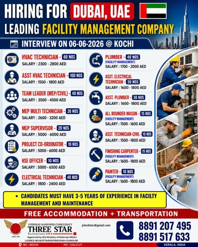 Urgent Hiring For Facility Management Company in Dubai