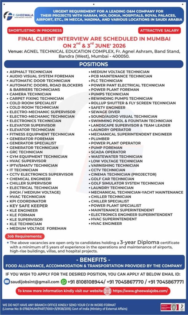Saudi Arabia O&M Company Jobs 2026 – Mass Recruitment Drive