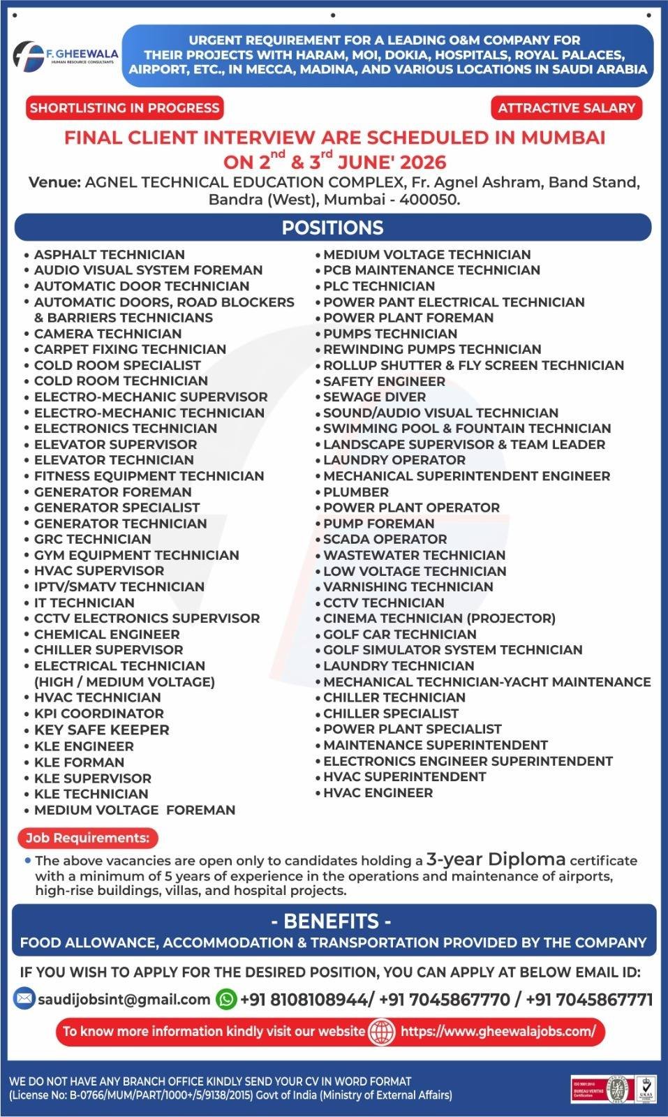 Saudi Arabia O&M Company Jobs 2026 – Mass Recruitment Drive