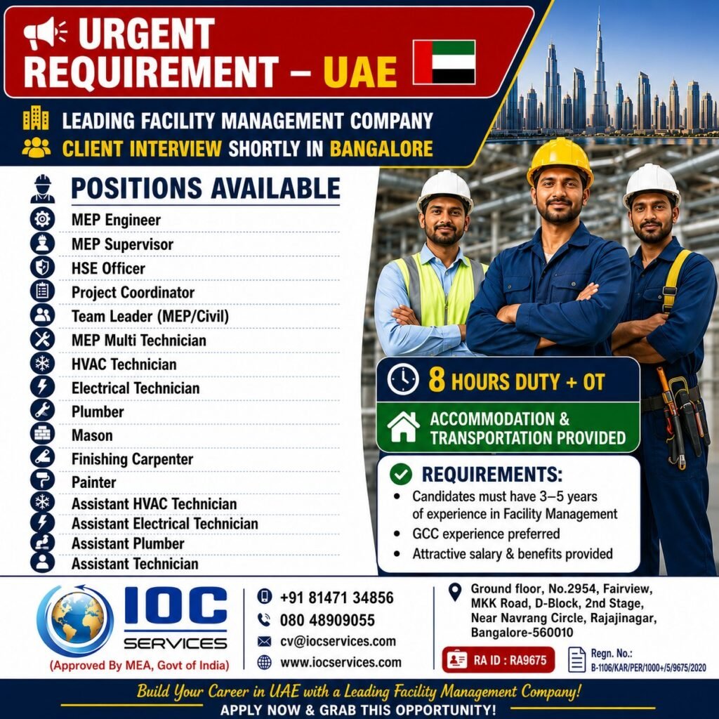 Urgent UAE Recruitment for Leading Facility Management Company – Multiple Job Vacancies