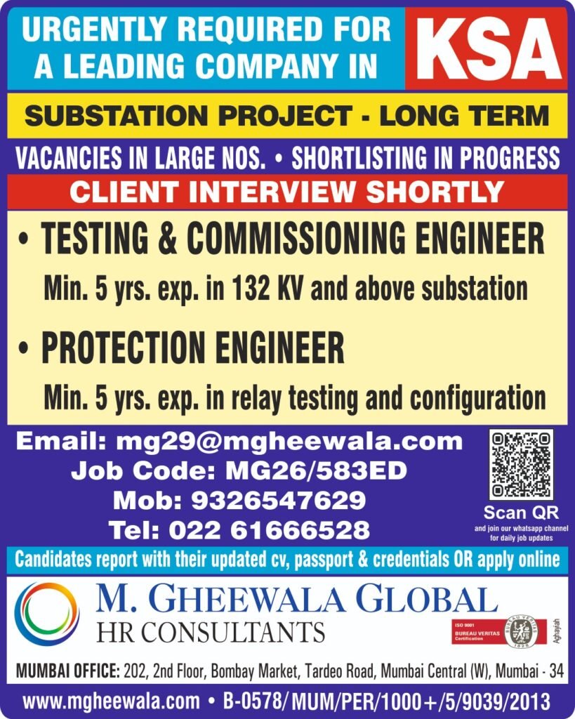 Saudi Arabia Substation Project Jobs 2026 – Hiring Engineers for Long-Term KSA Project