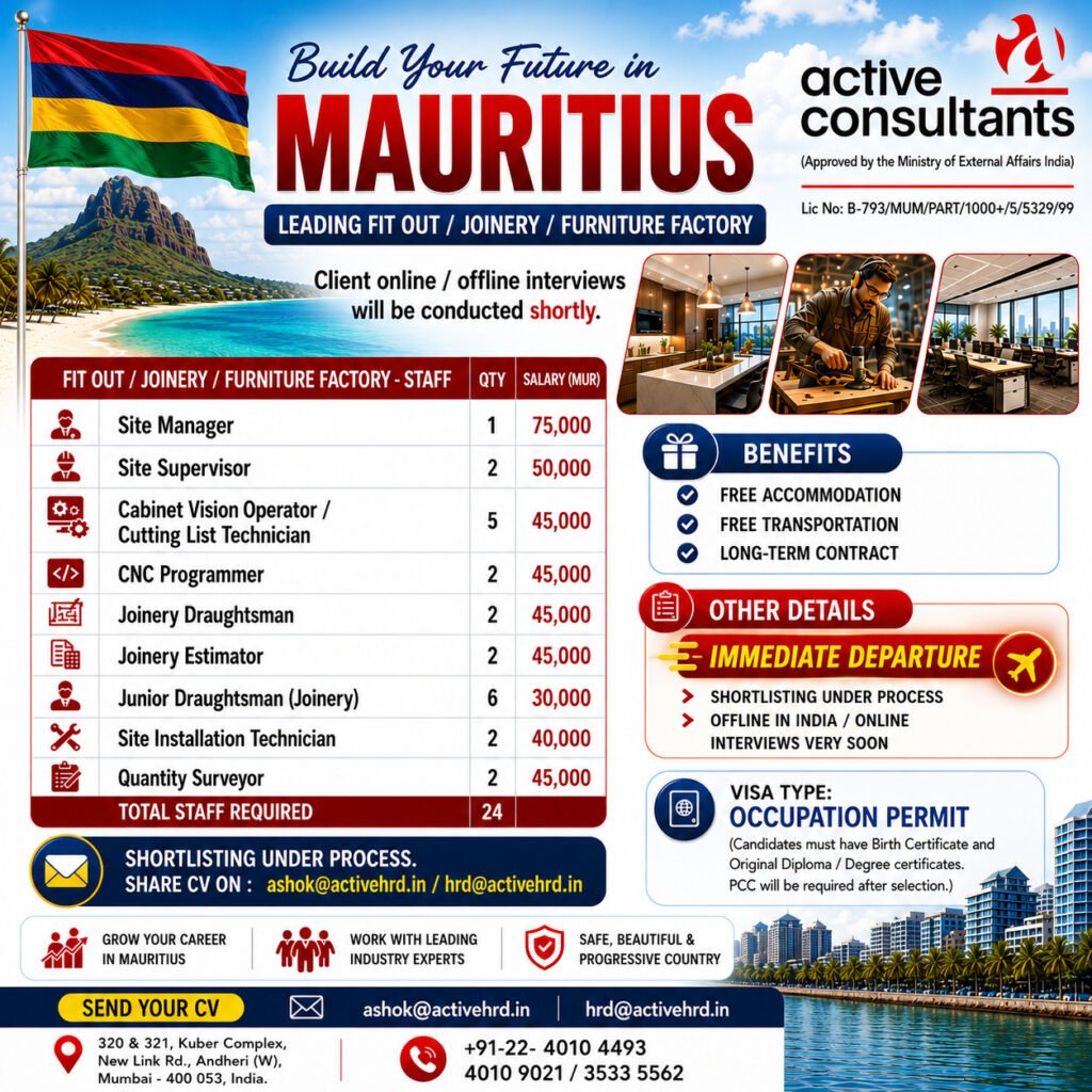 Mauritius Joinery & Furniture Factory Jobs 2026 – Immediate Hiring for Skilled Professionals
