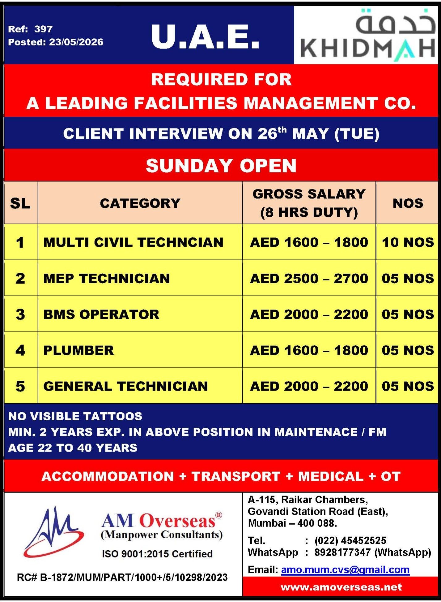 UAE Facilities Management Jobs 2026 – Khidmah Company Hiring Technicians in UAE