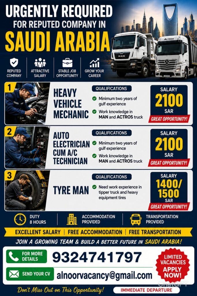 Urgent Jobs in Saudi Arabia – Heavy Vehicle & Auto Technician Roles