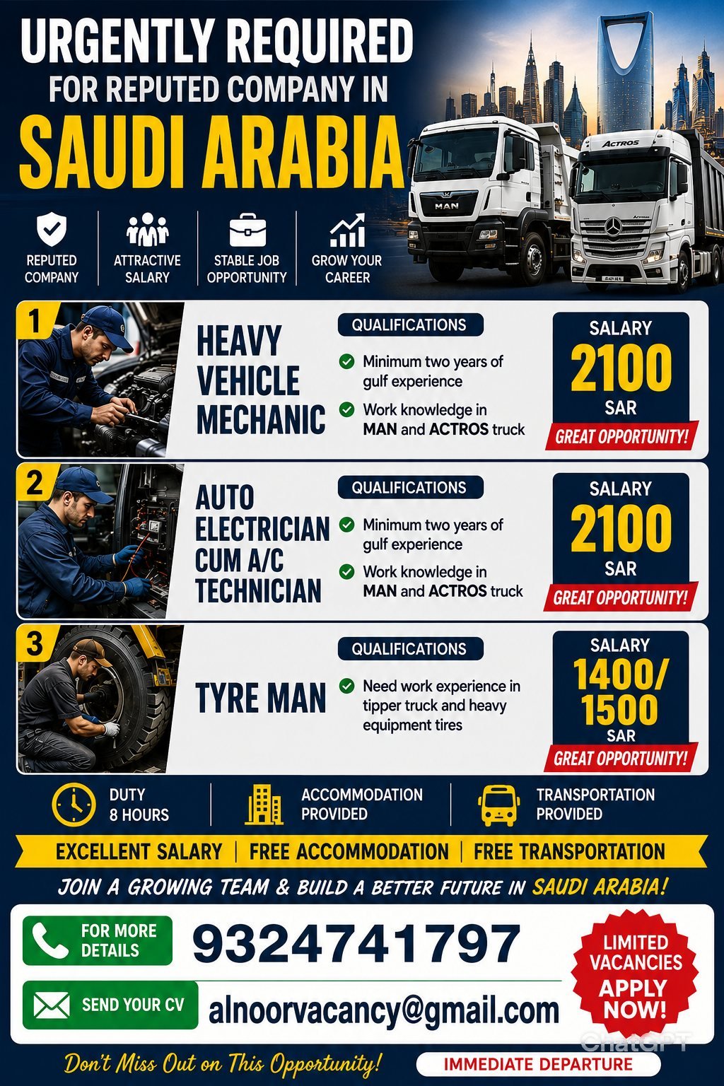 Urgent Jobs in Saudi Arabia – Heavy Vehicle & Auto Technician Roles