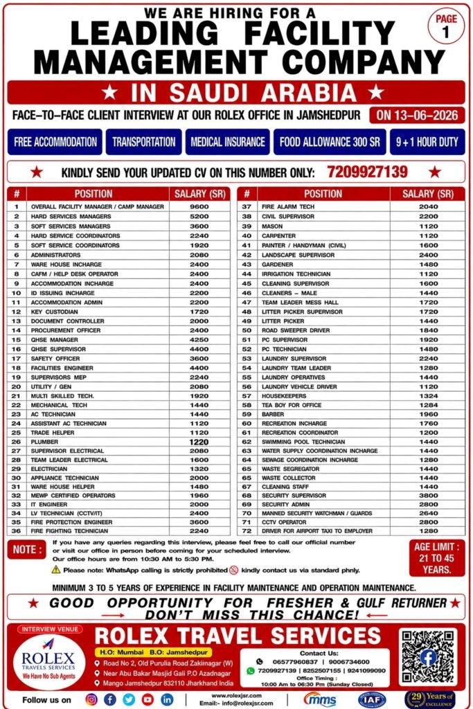Saudi Arabia - Mass Hiring a Leading Facility Management Co. Saudi Arabia - Mass Hiring a Leading Facility Management Co.