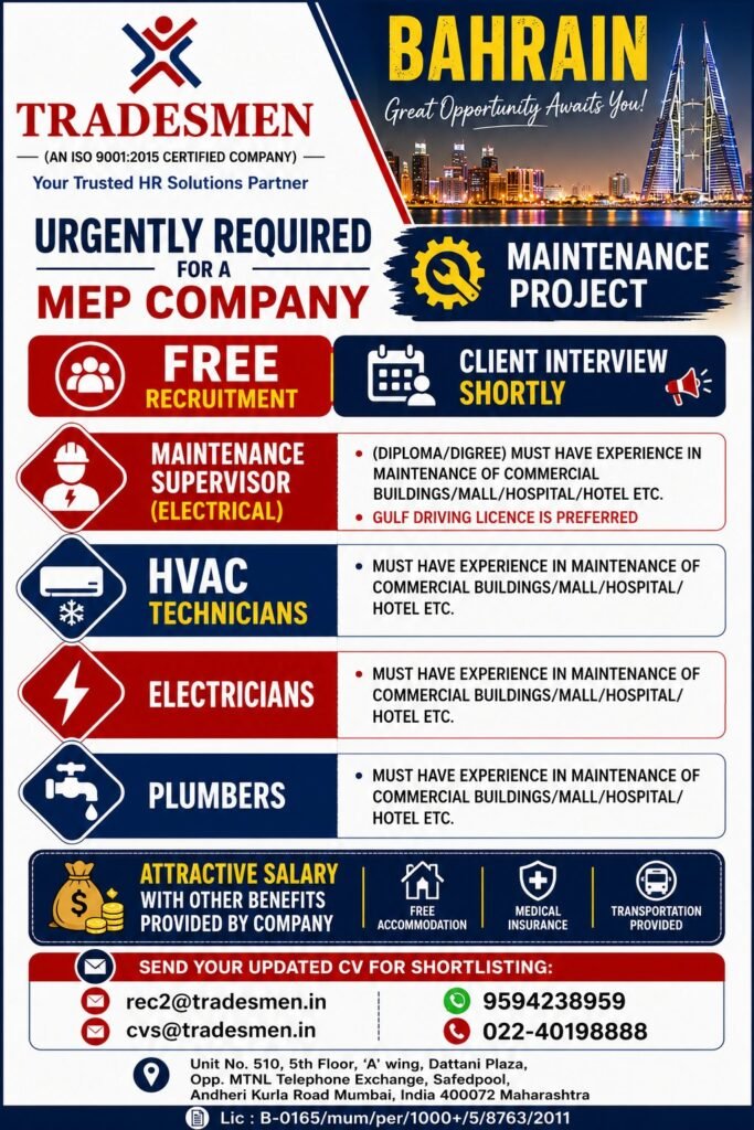 Bahrain MEP Company Jobs 2026 – Free Recruitment 
