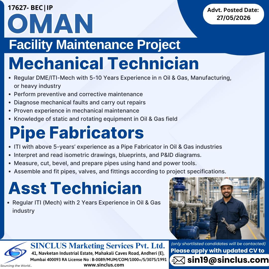 Career Opportunities in OMAN - Join a leading Facility Maintenance Project in the Oil & Gas sector.