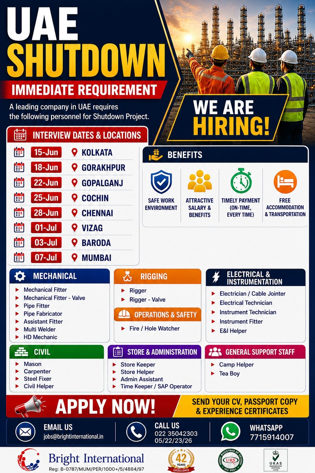 UAE Shutdown Project Jobs 2026 – Immediate Requirement for Skilled & Semi-Skilled Workers
