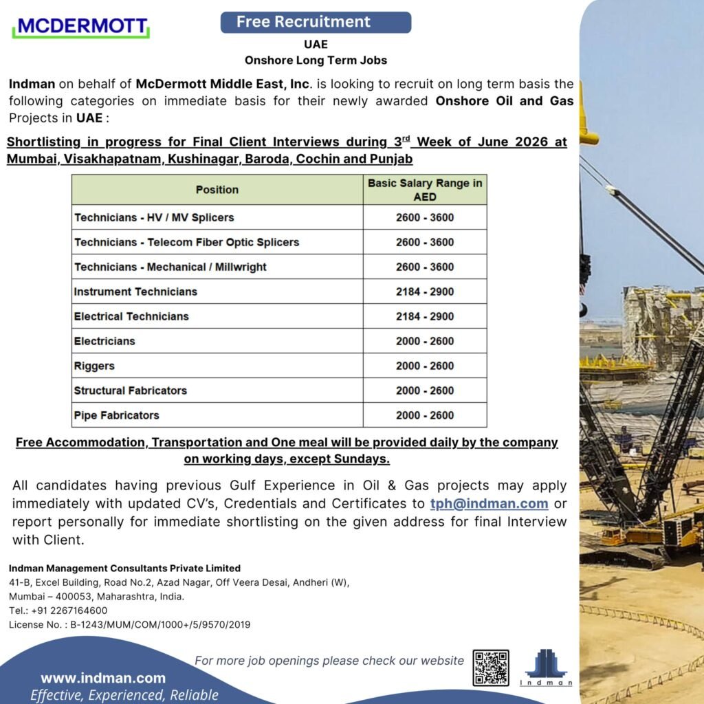 Free Recruitment for UAE MCDERMOTT Onshore Long Term Jobs