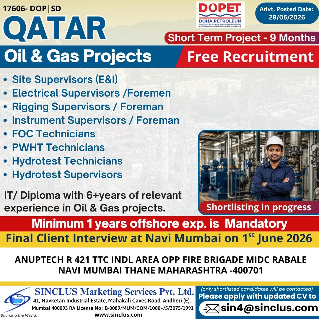 Urgent Hiring For Qatar Oil & Gas Projects 