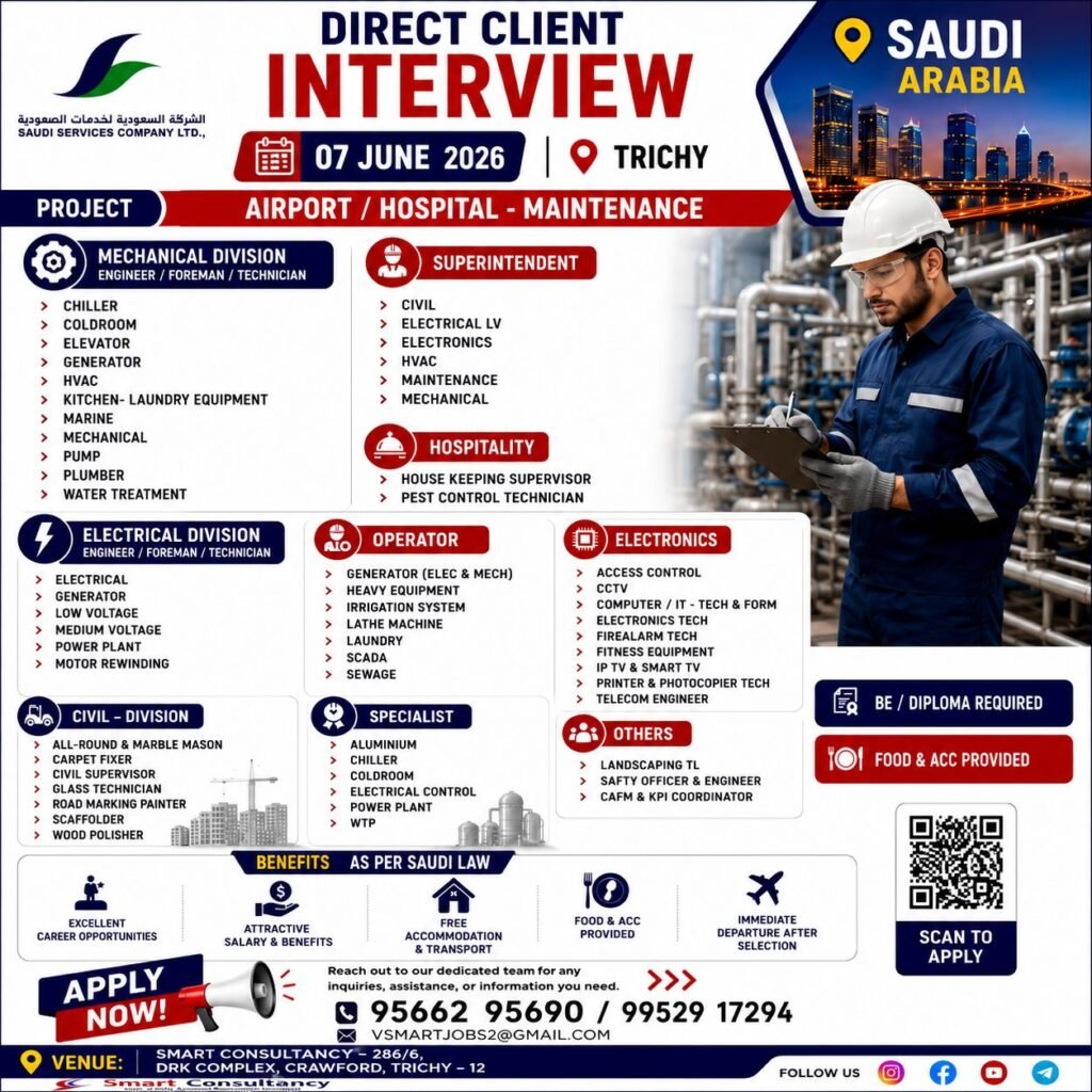 Saudi Arabia Airport & Hospital Maintenance Jobs 2026 – Direct Client Interview