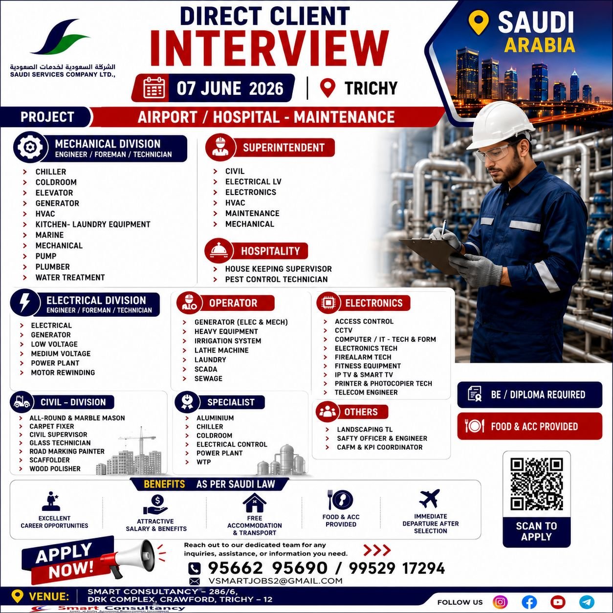 Saudi Arabia Airport & Hospital Maintenance Jobs 2026 – Direct Client Interview
