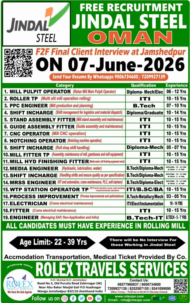Oman – Free Recruitment For JINDAL STEEL 