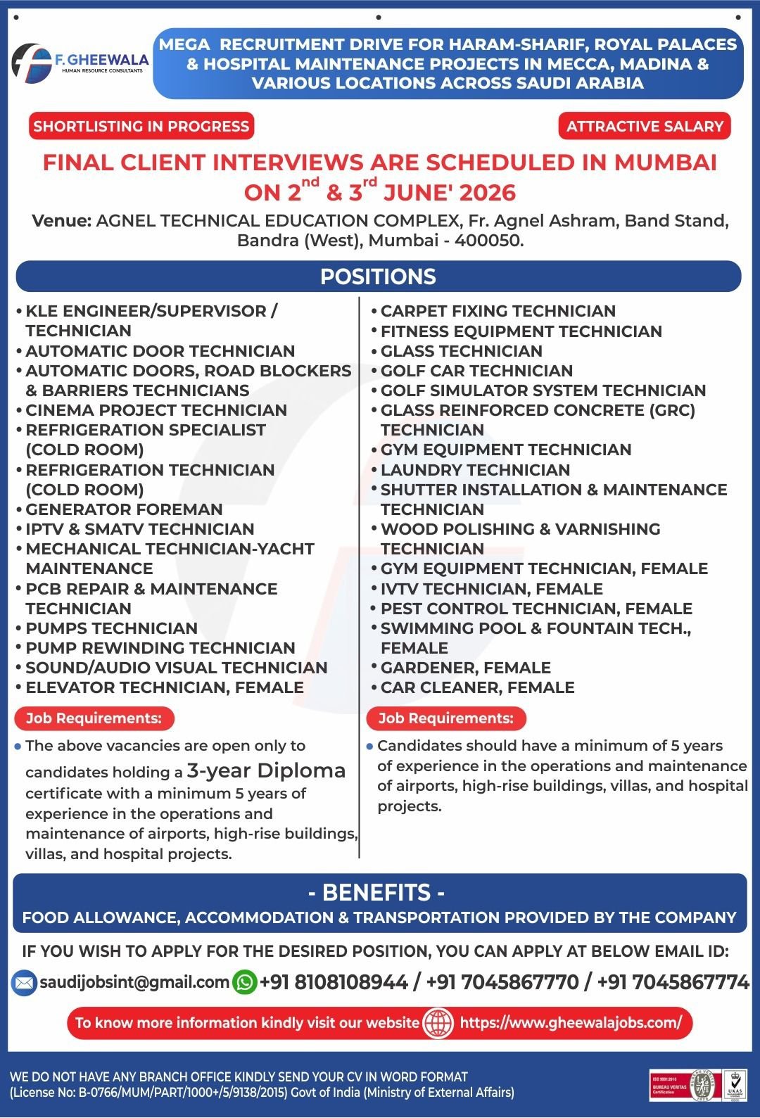 Saudi Arabia Maintenance Jobs 2026 – Mega Recruitment for Haram Sharif, Royal Palaces & Hospital Projects