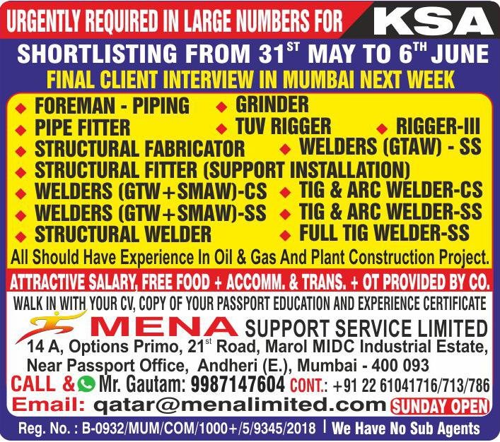 Urgent Hiring For Saudi Arabia Oil & Gas / Plant Construction Project