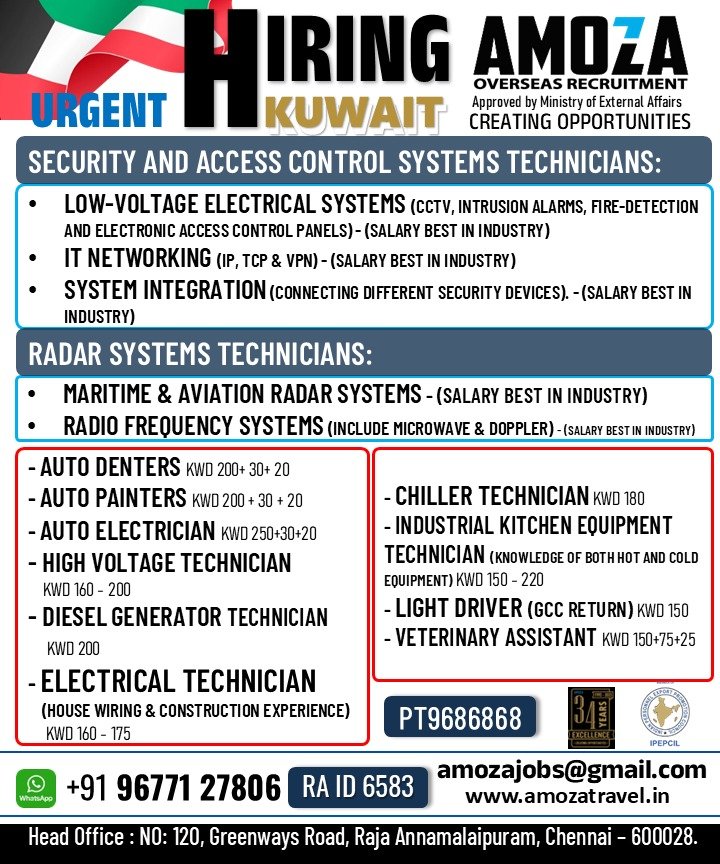 Kuwait Jobs 2026: Urgent Hiring for Technicians, Auto Electricians, Radar Systems & Security Systems