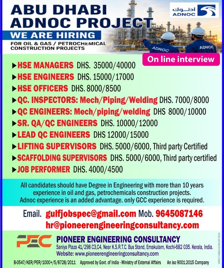 Abu Dhabi Project Jobs 2026 – Hiring HSE, QA/QC and Supervisors for Oil & Gas Projects
