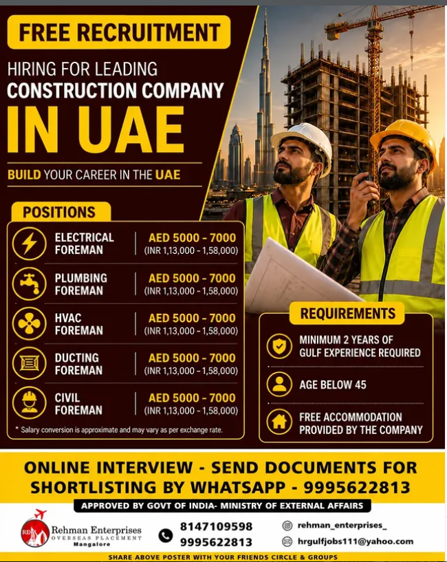 UAE Jobs 2026: Hiring For construction jobs