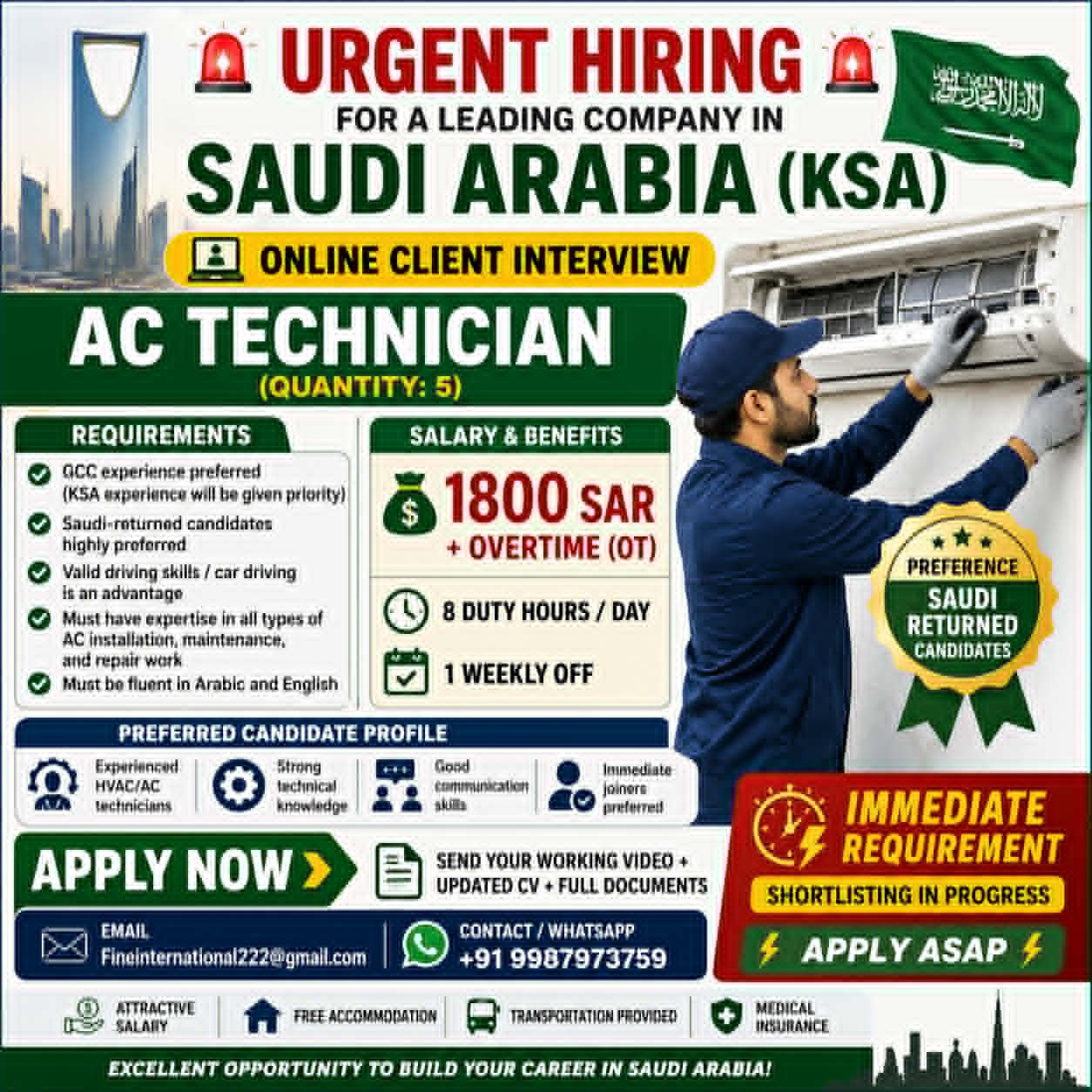 Saudi Arabia AC Technician Jobs 2026 – Urgent Hiring 