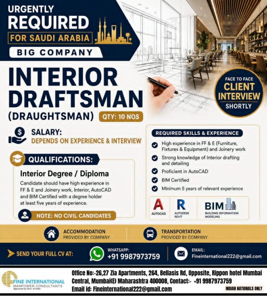 Saudi Arabia Interior Draftsman Jobs 2026 – Free Accommodation & Transportation | Client Interview Soon