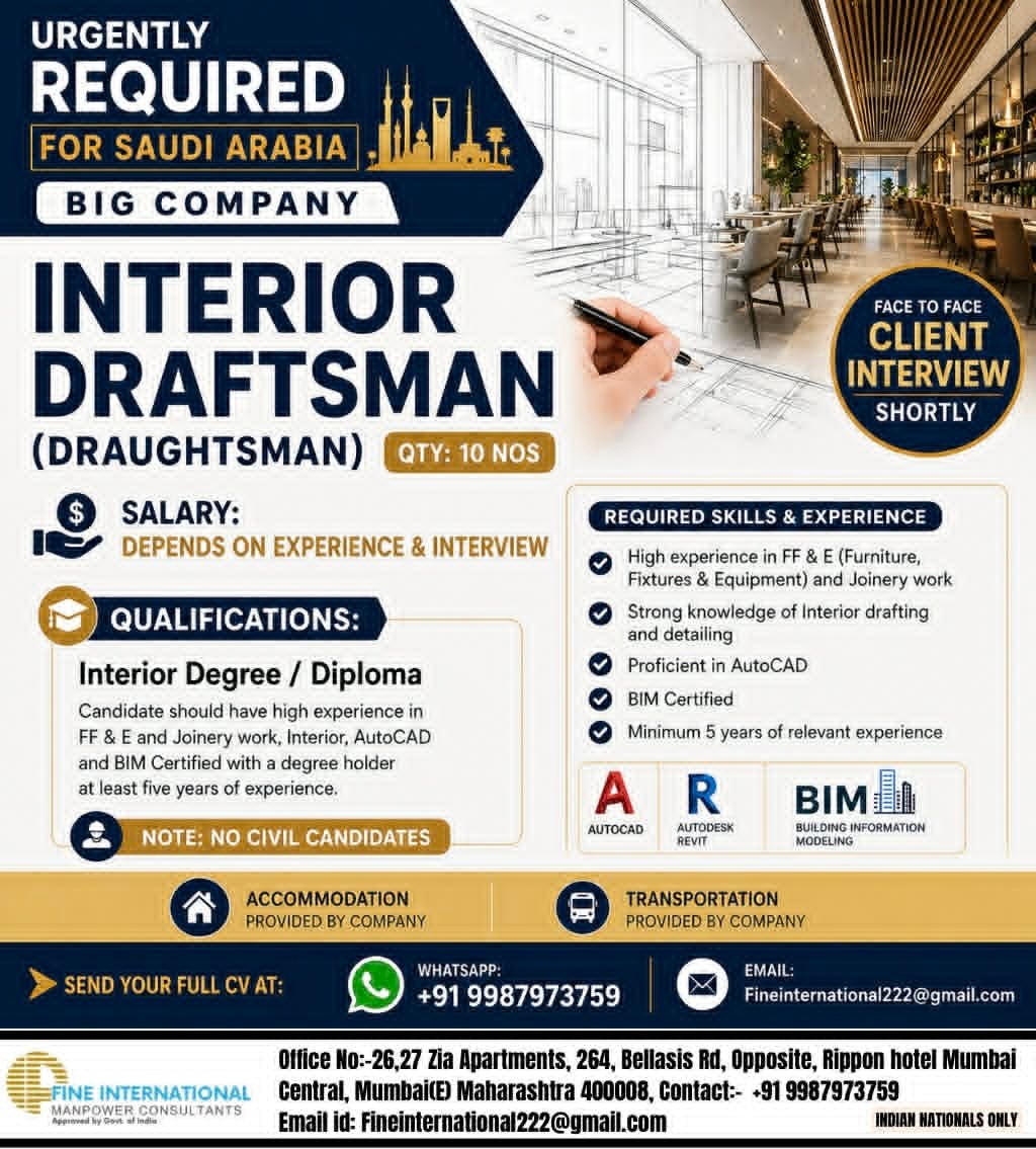 Saudi Arabia Interior Draftsman Jobs 2026 – Free Accommodation & Transportation | Client Interview Soon