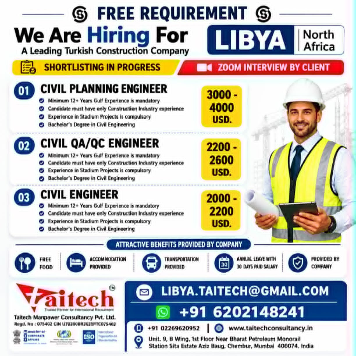 Libya Construction Jobs 2026 – Hiring Civil Planning Engineers, QA/QC Engineers and Civil Engineers