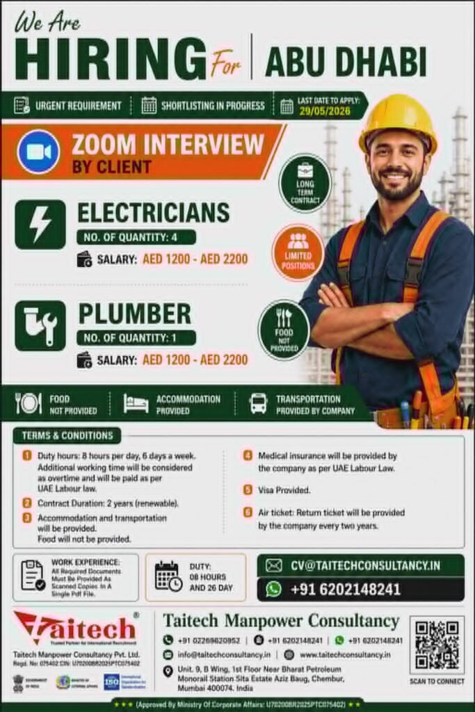 Abu Dhabi Electrician and Plumber Jobs 2026 – Zoom Interview for UAE Long-Term Contract