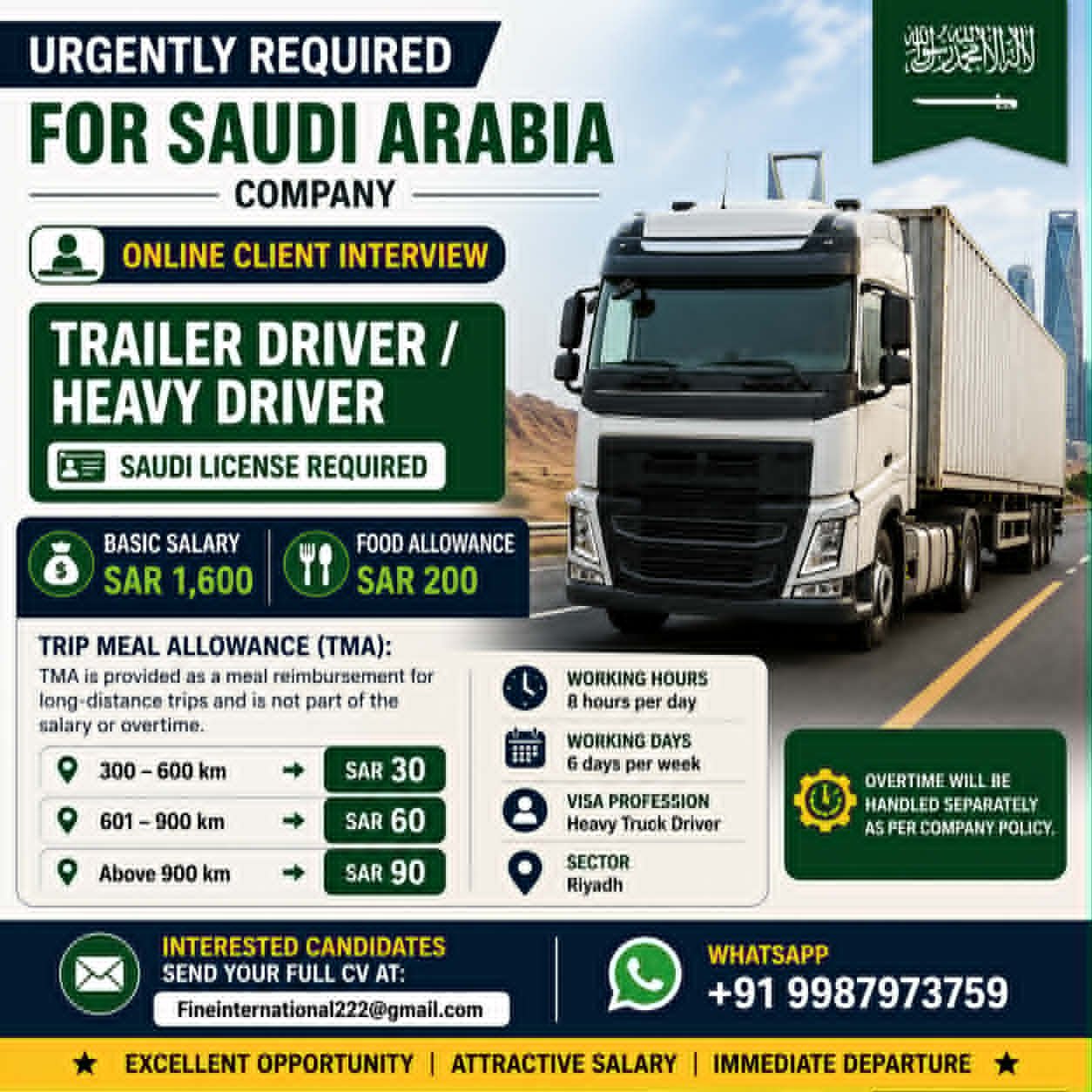Saudi Arabia Heavy Driver Jobs 2026 | Urgent Hiring for Trailer Drivers in Riyadh