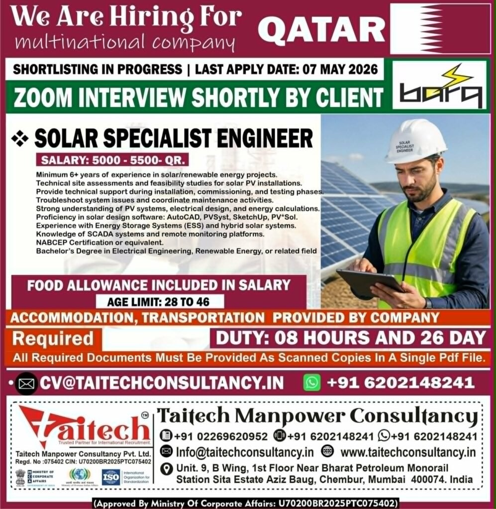Qatar Solar Engineer Jobs 2026: Hiring Solar Specialist Engineer | Zoom Interview