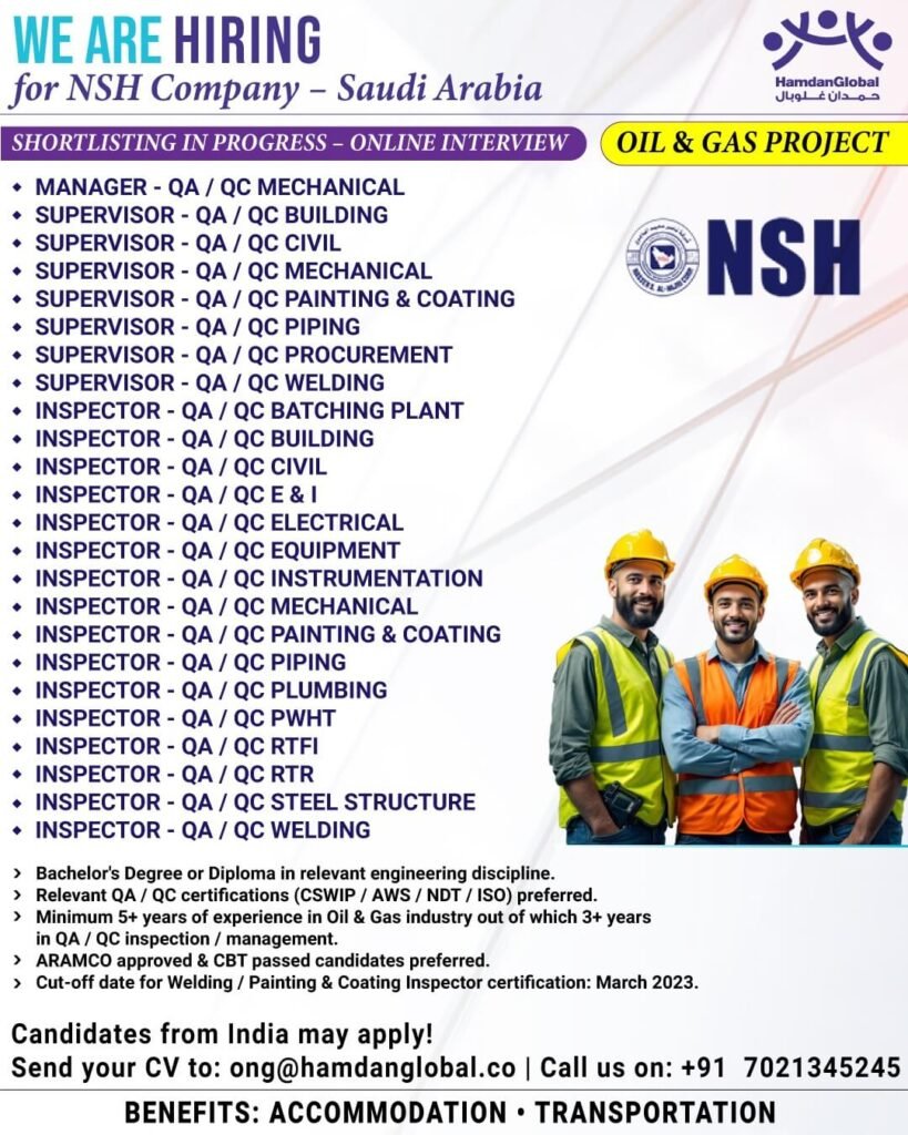 Saudi Arabia Oil & Gas QA/QC Jobs 2026 – NSH Company Hiring for Aramco Project