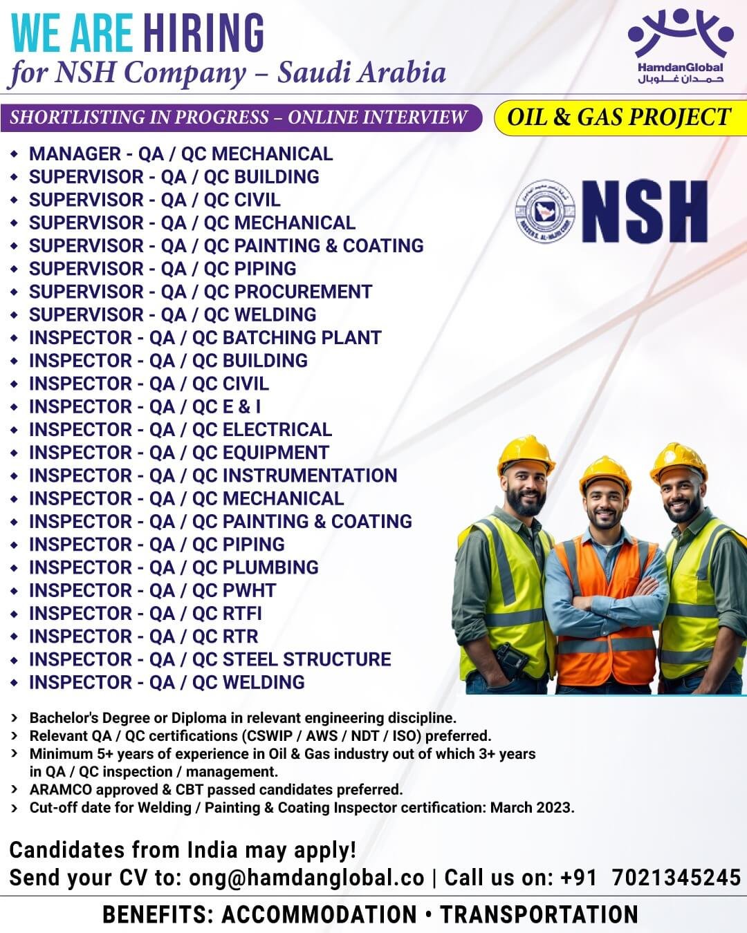 Saudi Arabia Oil & Gas QA/QC Jobs 2026 – NSH Company Hiring for Aramco Project